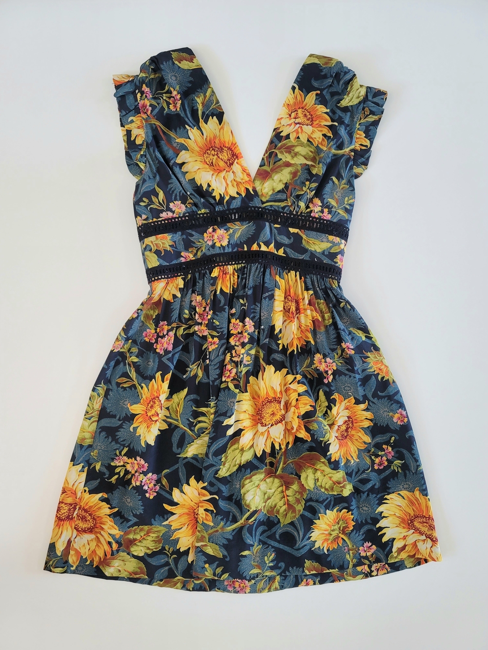 Sandro Silk Sunflower Print V Neck Ruffle Mini Dress Size XS/2 - Picture 2 of 8